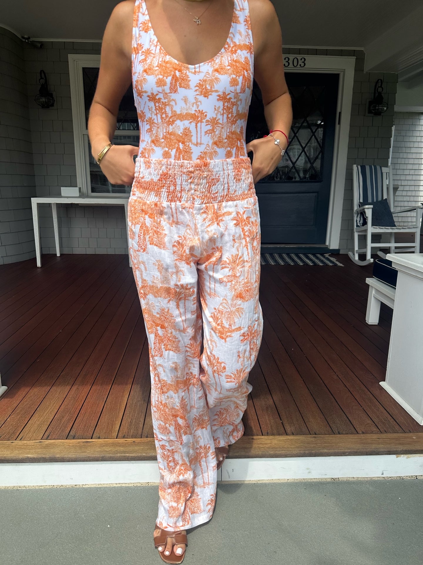 Orange toile one piece and pants